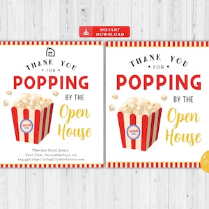 Realtor Open House Popcorn Pop by Tags, Real Estate Marketing Thank You Tag, Referral Real Estate Printable Tag, INSTANT DOWNLOAD, editable