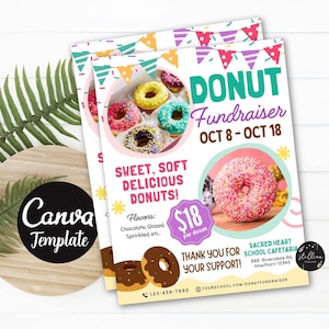 Editable Donut Fundraiser Flyer, PTA PTO Fundraising, Church Scouts Team Sports Charity Doughnut Benefit Printable CANVA Template