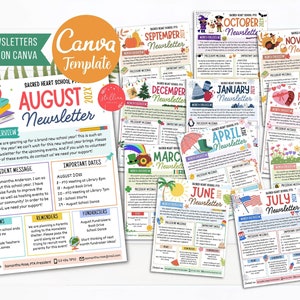 Ensemble de modèles de newsletter annuels modifiables pour prise de force PTA, prospectus imprimable en classe, ordre du jour de la réunion de l&#39;année scolaire saisonnier, modèle CANVA bricolage