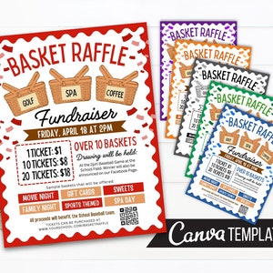 May include: A red and white flyer with a wavy border announces a basket raffle fundraiser. The flyer features a drawing of three baskets labelled "Golf", "Spa", and "Coffee". The flyer includes the date and time of the event, ticket prices, and a list of sample baskets that will be offered.