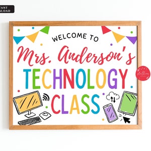 Placa editável para aula de tecnologia: decoração de laboratório de informática (modelo CANVA)