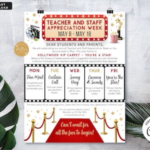 Hollywood Teacher Appreciation Staff Invitation Newsletter, Printable Appreciation Week of Events, Take Home Flyer, Editable Template DIY