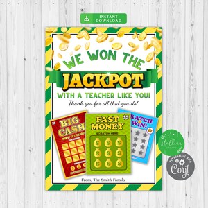 EDITABLE Grazie a un titolare di carta regalo della lotteria, ha vinto l'insegnante jackpot come te! Apprezzamento insegnante stampabile, DOWNLOAD ISTANTANEO Regalo di Natale