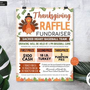 EDITABLE Thanksgiving Raffle Ticket Fundraiser Flyer, split the pot Raffle, cash raffle flyer, Sports Fall Fundraiser, Church School Charity