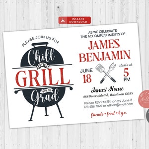 Editierbare Bbq Abschluss einladung, Digitale College Grad Einladung, Typ, Mann Senior Grad Party, Grill & Chill BBQ Einladung, Sofortiger Download