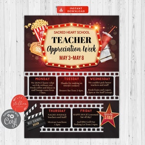 EDITABLE Teacher Appreciation Week Itinerary Poster, Digital File, Cinema Movie Star Themed Week School Events, INSTANT DOWNLOAD Printables