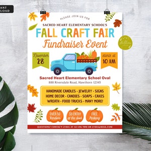 May include: A poster advertising the Sacred Heart Elementary School Fall Craft Fair Fundraiser Event. The poster features a light blue truck carrying pumpkins, with text indicating the event date, time, and activities.