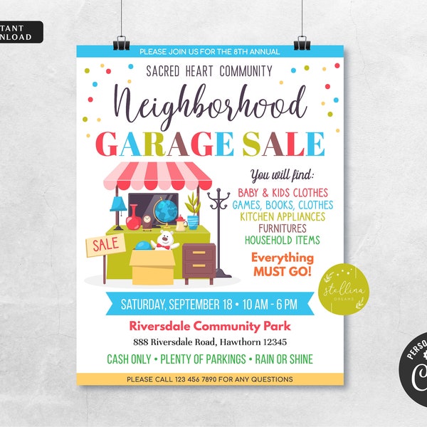 EDITABLE Garage Sale Flyer, Printable PTA PTO Flyer, School Church Fundraiser, Neighborhood Rummage Sale Event Poster, Instant Download