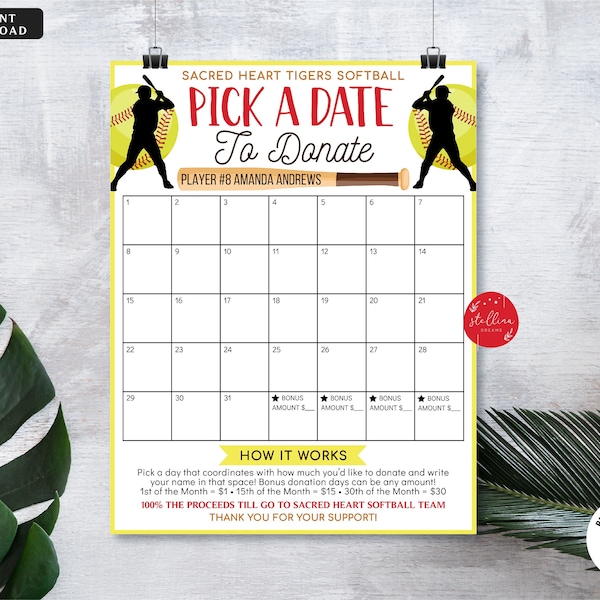 Printable Softball Pick a Date to Donate Printable, Softball Fundraiser, Team Sports Softball Player Calendar, Digital EDITABLE Template