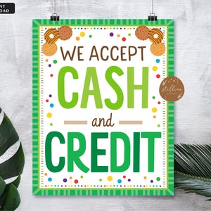 Wij accepteren betalingen ondertekenen contant geld en krediet, bake verkoop cookie booth afdrukbaar, fondsenwerving booth scouts cookie banner, cookie booth poster print