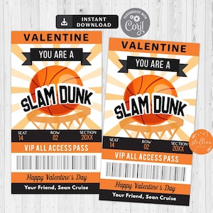 Basketball Ticket Valentine&#39;s Day Cards, Printable Kids Valentine, Boy Classroom Valentine, You&#39;re a Slam Dunk, Kids Tags, INSTANT DOWNLOAD