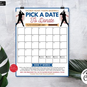 Printable Baseball Pick a Date to Donate Printable, Baseball Fundraiser, Team Sports Baseball Player Calendar, Digital EDITABLE Template