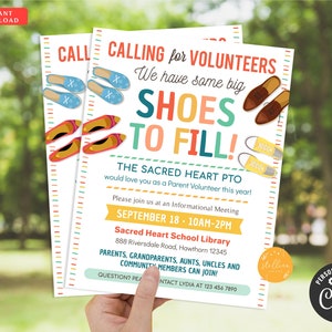 Volunteer Recruitment Flyer, Printable Handout, School Fundraiser, Big Shoes to Fill School, PTO PTA EDITABLE Template, Instant Download