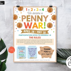 Penny War Fundraiser Flyer, Printable Handout, School Fundraiser Event, Church, Nonprofit PTO PTA Event, Instant Download EDITABLE Template