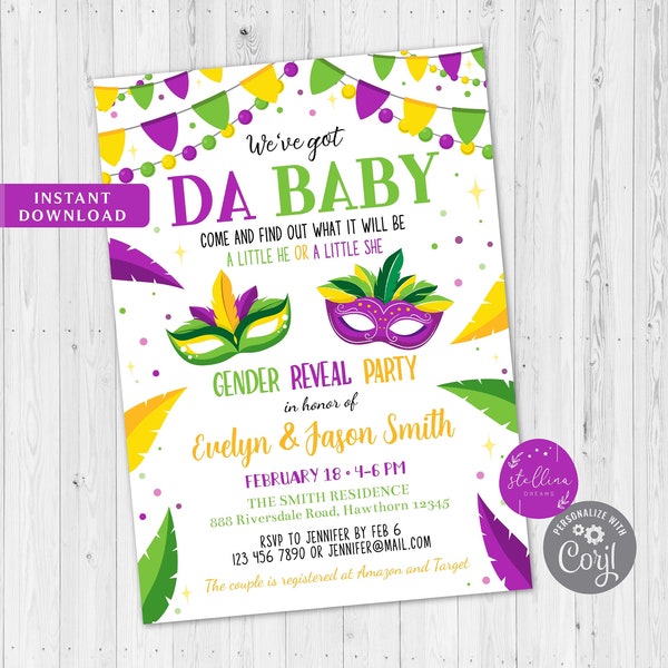 Mardi Gras Gender Reveal Party Invitation, Mardi Gras Baby Shower Invitation, il ou elle, roi ou reine, What Will Baby Be, Nouvelle-Orléans