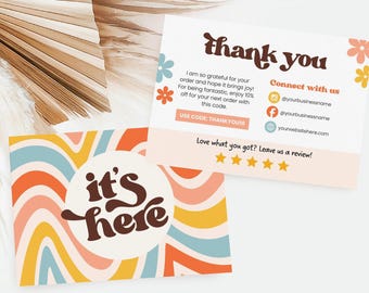 May include: Two retro-style cards with the text "thank you" and "it's here". The "thank you" card has contact information and a discount code. The "it's here" card has a colorful wavy design. Both cards have floral accents.