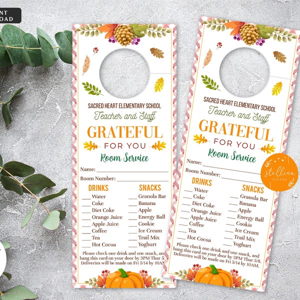 Thanksgiving Room Service Door Hanger, Fall Grateful For You Staff Office Employee, School Pta Pto Appreciation Thankful Gift Idea, EDITABLE