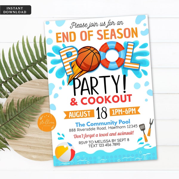 Summer Pool Basketball Party Invitation, Back to School Invite, Team BBQ Party, End of School Boys Pool Birthday EDITABLE Template Printable