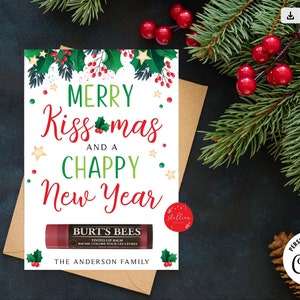 編集可能なクリスマス リップ バーム カード、メリー クリスマス & ハッピー ニュー イヤー スタッフ シークレット サンタ、ホワイト エレファント リップ スティック ギフト タグ、即時ダウンロード