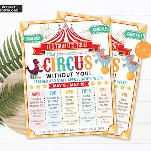 Cartaz do itinerário da semana de valorização do professor com tema de circo Big Top tema semana de valorização programação eventos DOWNLOAD INSTANTÂNEO modelo EDITÁVEL
