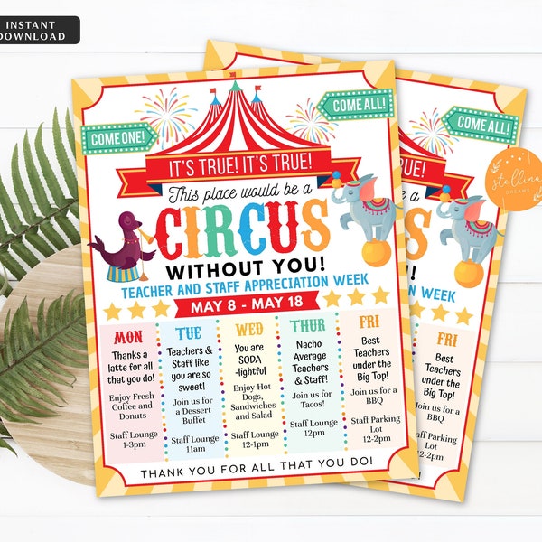 Circus Themed Teacher Appreciation Week Itinerary Poster Big Top Theme Appreciation Week Schedule Events INSTANT DOWNLOAD EDITABLE Template