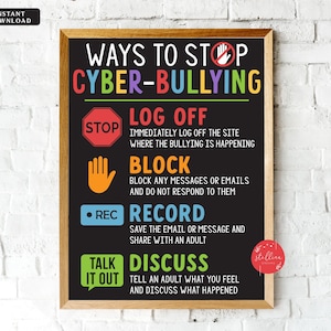 May include: A framed poster with the text "WAYS TO STOP CYBER-BULLYING" in colorful letters. The poster includes instructions: Log Off, Block, Record, and Discuss. The background is black with a wooden frame.