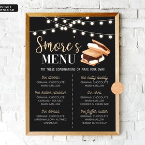 EDITABLE S'mores Menu, Printable Smores Menu, S'mores Sign, Bonfire Party Signs, Birthday Bonfire Signs, Chalkboard S'Mores Sign, wedding