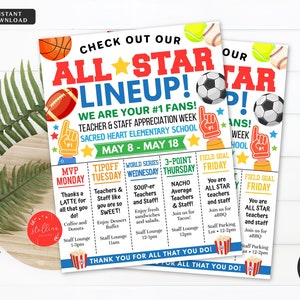 Sports All Star Vip Teacher Appreciation Week Itinerary Poster All Star Appreciation Week Schedule Events EDITABLE Template INSTANT Download