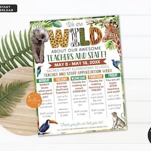 EDITABLE Jungle Teacher Appreciation Week Itinerary, We Are Wild About You, Watercolor Zoo Rainforest Theme Schedule Events, DIY TEMPLATE