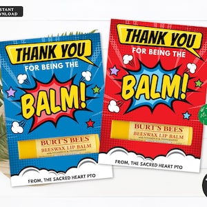 EDITIERBARE Superheld Lip Balm Favor Tags, Du bist der Balsam, Superheld-Anerkennungswoche Danke Geschenkanhänger, Superlehrer, Schule PTA PTO