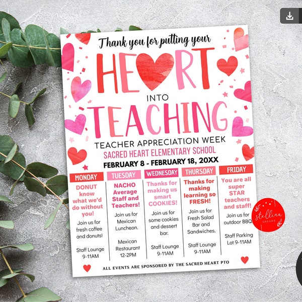 Valentijnsdag Teacher Appreciation Week Reisroute Poster Hart Thema Waardering Week BEWERKBAAR Flyer DIY, Lesgeven is een werk van hart