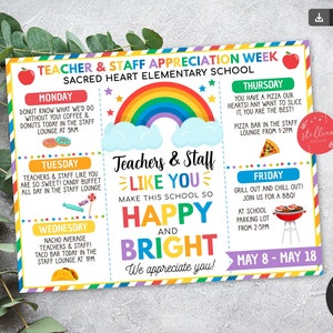 EDITABLE Teacher Appreciation Week Itinerary, Make This School So Bright & Happy Rainbow Watercolor Theme Schedule Events Printable TEMPLATE