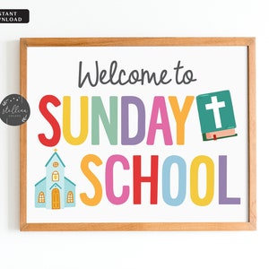 Sunday School Religion Posters, INSTANT DOWNLOAD Welcome to Sunday School Sign, Children Ministry, Welcome Kids Church, Rainbow Colorful