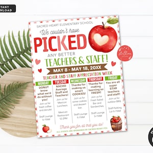 EDITABLE Teacher Appreciation Week Itinerary Schedule Template, Apple Theme Events Calendar Couldn&#39;t Have Picked Better Teachers and Staff