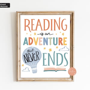 Reading is an adventure, School Library decor, Reading Printable Poster, Classroom Reading Nook Classroom Reading Poster, classroom tapestry