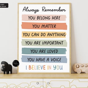 Recuerda siempre, Tú perteneces aquí, Póster inclusivo, Afirmaciones positivas, Decoración del aula de diversidad, Póster inspirador, Rainbow Boho