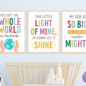 Children's Bible Songs Art, Scripture Art Printable Wall Art Bible Verse, Sunday School Religion Posters, INSTANT DOWNLOAD Set of 3 Wall Art