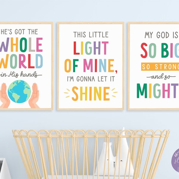 Children's Bible Songs Art, Scripture Art Afdrukbare Wall Art Bijbel Vers, Zondagsschool Religie Posters, INSTANT DOWNLOAD Set van 3 Wall Art