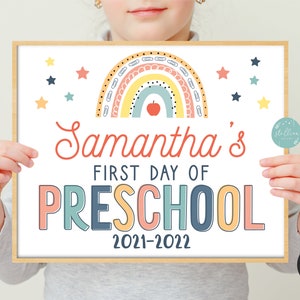 Rainbow Boho First Day of Preschool Sign, First Day of School Girl First Day School Sign, Printable Instant Download Photo Prop, EDITABLE