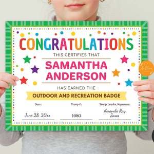 Scout Certificates, Badge, Patch and Award Certificate Templates, Brownie, Junior Troop Leader, Scout Printables Daisy, EDITABLE TEMPLATE