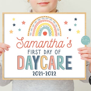 Rainbow Boho First Day of Daycare Sign, First Day of School Girl First Day School Sign, Printable Instant Download Photo Prop, EDITABLE