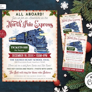 BEWERKBARE Noordpool Polar Express-treinevenement met kerstman flyer & ticket uitnodiging, afdrukbare school kerk vakantie kinderen kerstfeest DIY