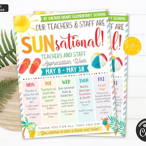 EDITABLE Beach Theme Teacher Appreciation Week Itinerary, Tropical Hawaii You are Sun-sational Watercolor Theme Schedule Events Printable