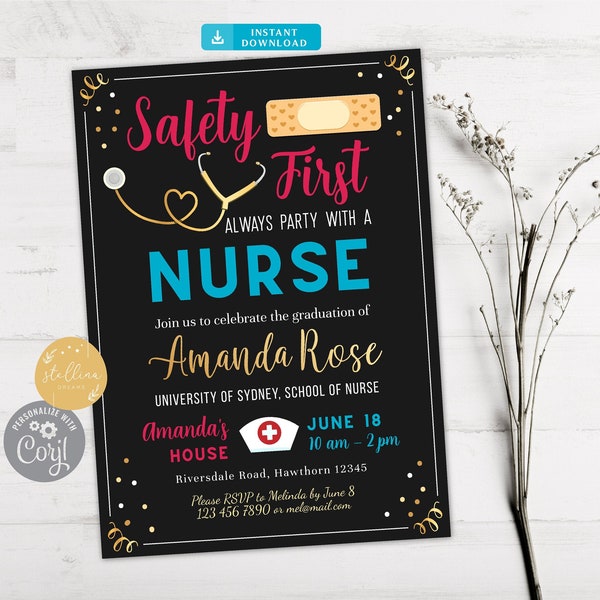 Editable Nurse Graduation Invitation, Digital College Grad Invite Graduation Party, RN Announcement, Chalkboard Printable INSTANT DOWNLOAD