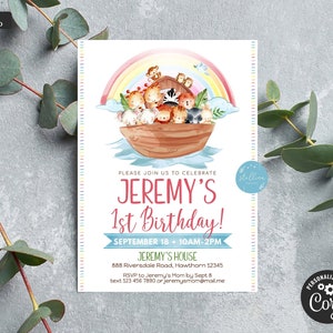 Noahs Ark Birthday invitation, Noahs Ark Birthday Party, Boys first birthday Invite, Printable Birthday Invitation, DIY Editable Template
