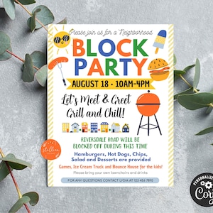May include: A colourful printable invitation for a neighbourhood block party. The invitation features a sun with sunglasses, a grill, a hot dog, a hamburger, and an ice cream cone. The text reads "Please join us for a Neighbourhood Block Party August 18 - 10AM-4PM Let's Meet & Greet Grill and Chill! Riversdale Road will be blocked off during this time Hamburgers, Hot Dogs, Chips, Salad and Desserts are provided Games, Ice Cream Truck and Bounce House for the kids! Please bring your own lawnchairs and drinks. For any questions contact Lydia at 123 456 7890"
