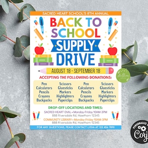 School Supply Drive Flyer, Printable PTA PTO Flyer, School Supplies Fundraiser Back To School Invite, School Donation EDITABLE Diy Template