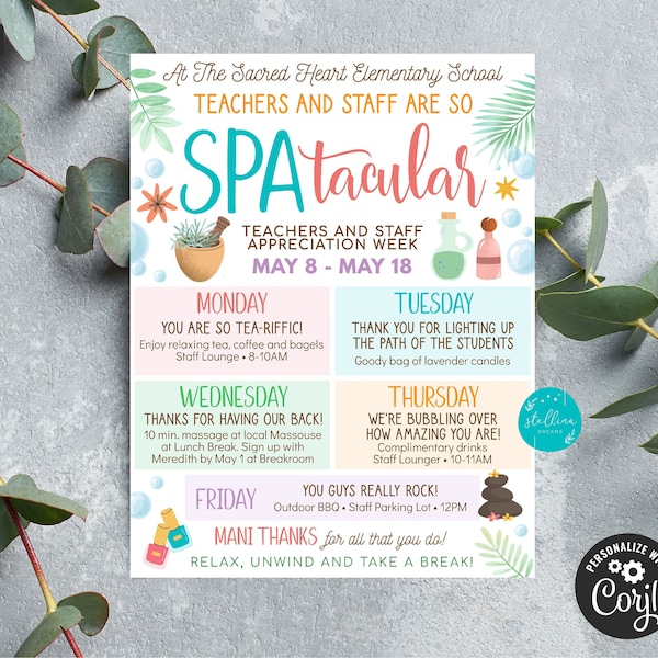 Spa Teacher and Staff Appreciation Week, Itinerary Poster, Calm Zen Relax Theme, Schedule Events, EDITABLE Template, Instant Download DIY