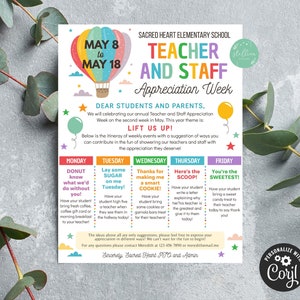 Lift Us Up Teacher and Staff Appreciation Week, Itinerary Poster, Digital File, Take Home Flyer, INSTANT DOWNLOAD Fundraiser flyer EDITABLE