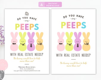 May include: Two printable real estate business cards featuring a playful design with cartoon Peeps marshmallow bunnies. The text on the cards reads "Do you have any Peeps with real estate needs?" and includes contact information for a real estate agent.